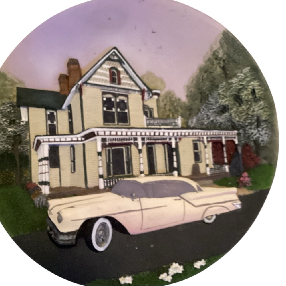 Vintage Victorian House Wall Plate Retro Car Cottage Scene Plaque